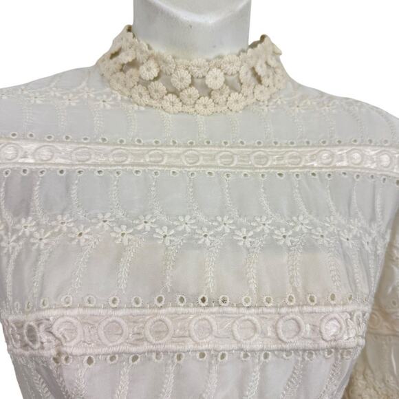 Vintage Prairie Cottagecore Victorian Bishio Sleeve Embroidered Ivory Dress XS - Picture 5 of 14